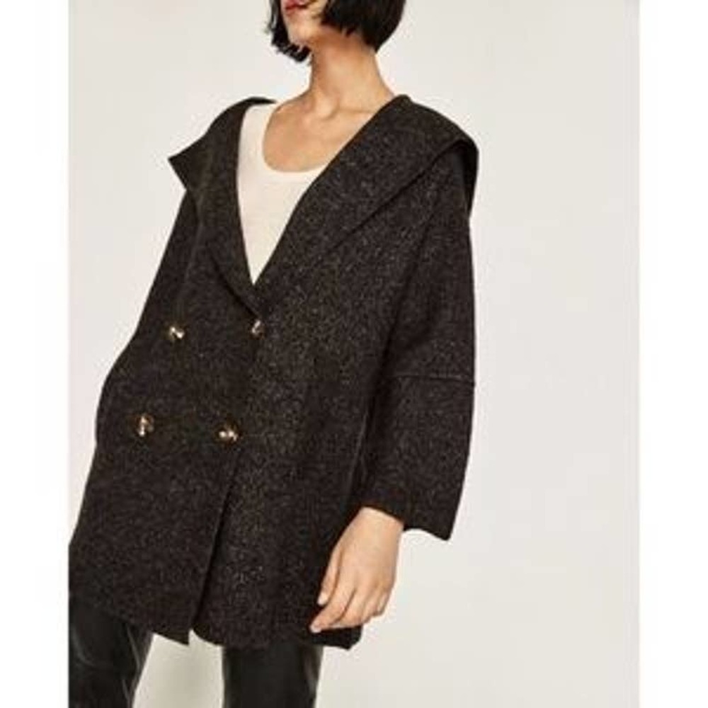 ZARA Double Breasted Oversize Sweater Jacket Hooded Chunky Cozy Cardigan, Gray